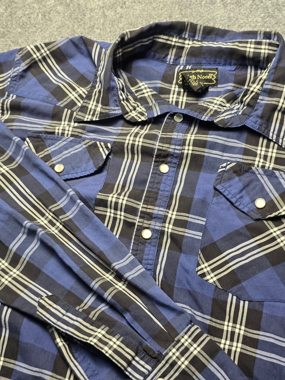High Noon Western Shirt Mens L Blue Plaid Pearl Snap Cowboy Long Sleeve